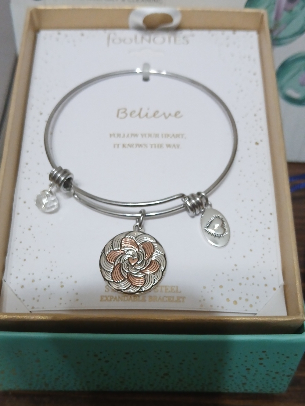 Believe Two-Tone Rosette Charm Expandable Bracelet - Silver & Rose Gold